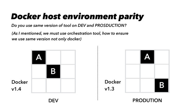 DEV PRODUTION
A A
B
B
Docker
v1.4
Docker
v1.3
Do you use same version of tool on DEV and PROSDUCTION?
Docker host environment parity
(As I mentioned, we must use orchestration tool, how to ensure
we use same version not only docker)
