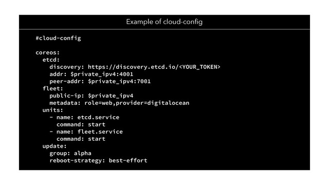 Example of cloud-conﬁg
#cloud-config
coreos:
etcd:
discovery: https://discovery.etcd.io/
addr: $private_ipv4:4001
peer-addr: $private_ipv4:7001
fleet:
public-ip: $private_ipv4
metadata: role=web,provider=digitalocean
units:
- name: etcd.service
command: start
- name: fleet.service
command: start
update:
group: alpha
reboot-strategy: best-effort
