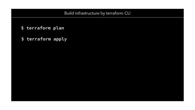 Build infrastructure by terraform CLI
$ terraform plan
$ terraform apply
