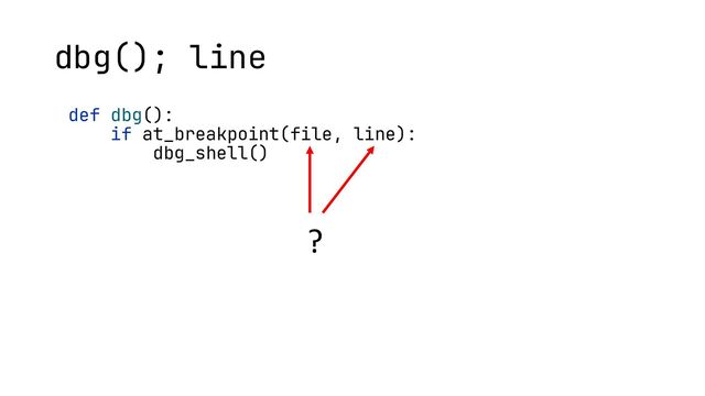 def dbg():
if at_breakpoint(file, line):
dbg_shell()
?
dbg(); line
