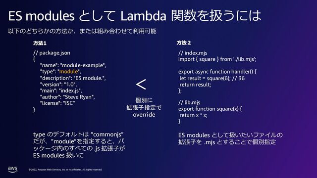 © 2022, Amazon Web Services, Inc. or its affiliates. All rights reserved.
ES modules として Lambda 関数を扱うには
// package.json
{
"name": "module-example",
"type": "module",
"description": "ES module.",
"version": "1.0",
"main": "index.js",
"author": ”Steve Ryan",
"license": "ISC”
}
// index.mjs
import { square } from './lib.mjs';
export async function handler() {
let result = square(6); // 36
return result;
};
// lib.mjs
export function square(x) {
return x * x;
}
以下のどちらかの⽅法か、または組み合わせて利⽤可能
type のデフォルトは “commonjs”
だが、”module”を指定すると、パ
ッケージ内のすべての .js 拡張⼦が
ES modules 扱いに
個別に
拡張子指定で
override
ES modules として扱いたいファイルの
拡張⼦を .mjs とすることで個別指定
