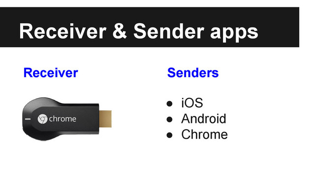 Receiver & Sender apps
● iOS
● Android
● Chrome
Receiver Senders
