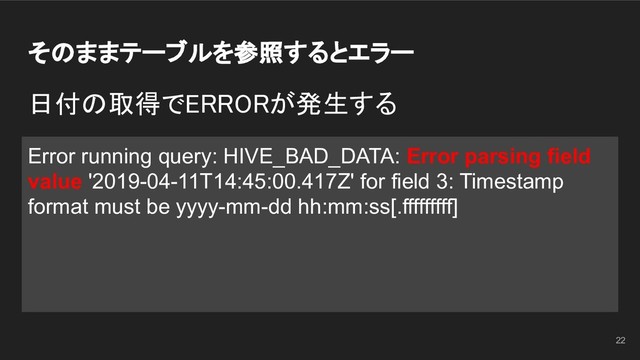 そのままテーブルを参照するとエラー 
日付の取得でERRORが発生する 
Error running query: HIVE_BAD_DATA: Error parsing field
value '2019-04-11T14:45:00.417Z' for field 3: Timestamp
format must be yyyy-mm-dd hh:mm:ss[.fffffffff]
22
