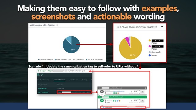 #seosuccess by @aleyda from @orainti for #brightonseo
Making them easy to follow with examples,
screenshots and actionable wording
Type A
Type B
Scenario 1: Update the canonicalization tag to self-refer to URLs without /
