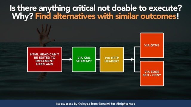 #seosuccess by @aleyda from @orainti for #brightonseo
Is there anything critical not doable to execute?
Why? Find alternatives with similar outcomes!
VIA XML
SITEMAP?
VIA HTTP
HEADER?
VIA GTM?
VIA EDGE
SEO / CDN?
HTML HEAD CAN’T
BE EDITED TO
IMPLEMENT
HREFLANG
