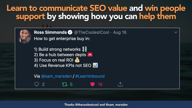 #seosuccess by @aleyda from @orainti for #brightonseo
Thanks @thecoolestcool and @sam_marsden
Learn to communicate SEO value and win people
support by showing how you can help them
