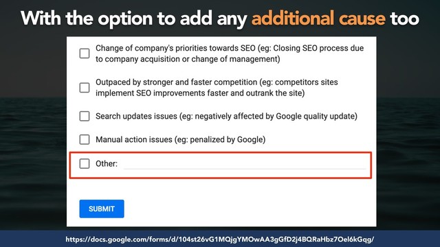 #seosuccess by @aleyda from @orainti for #brightonseo
#seofail by @aleyda from @orainti for #brightonseo
https://docs.google.com/forms/d/104st26vG1MQjgYMOwAA3gGfD2j4BQRaHbz7Oel6kGqg/
With the option to add any additional cause too
