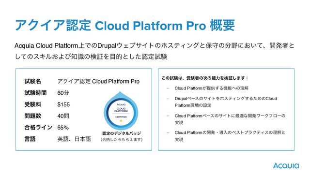 ΞΫΠΞೝఆ Cloud Platform Pro ֓ཁ
Acquia Cloud Platform্ͰͷDrupal΢ΣϒαΠτͷϗεςΟϯάͱอकͷ෼໺ʹ͓͍ͯɺ։ൃऀͱ
ͯ͠ͷεΩϧ͓Αͼ஌ࣝͷݕূΛ໨తͱͨ͠ೝఆࢼݧ
ࢼݧ໊ ΞΫΠΞೝఆ Cloud Platform Pro
ࢼݧ࣌ؒ 60෼
डݧྉ $155
໰୊਺ 40໰
߹֨ϥΠϯ 65%
ݴޠ ӳޠɺ೔ຊޠ
͜ͷࢼݧ͸ɺडݧऀͷ࣍ͷೳྗΛݕূ͠·͢ɿ


– Cloud Platform͕ఏڙ͢Δػೳ΁ͷཧղ
– DrupalϕʔεͷαΠτΛϗεςΟϯά͢ΔͨΊͷCloud
Platform؀ڥͷઃఆ
– Cloud PlatformϕʔεͷαΠτʹ࠷దͳ։ൃϫʔΫϑϩʔͷ
࣮ݱ
– Cloud Platformͷ։ൃɾಋೖͷϕετϓϥΫςΟεͷཧղͱ
࣮ݱ
ೝఆͷσδλϧόοδ


ʢ߹֨ͨ͠Β΋Β͑·͢ʣ
