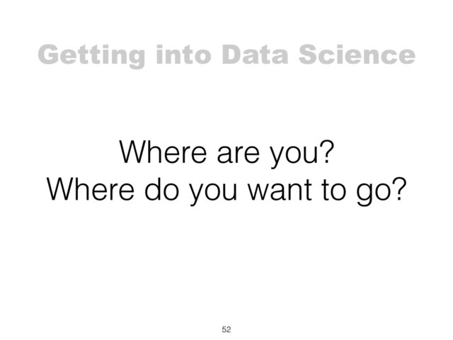 Getting into Data Science
52
Where are you?
Where do you want to go?
