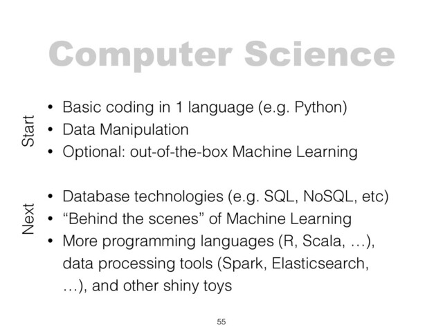 Computer Science
55
• Basic coding in 1 language (e.g. Python)
• Data Manipulation
• Optional: out-of-the-box Machine Learning
• Database technologies (e.g. SQL, NoSQL, etc)
• “Behind the scenes” of Machine Learning
• More programming languages (R, Scala, …),
data processing tools (Spark, Elasticsearch,
…), and other shiny toys
Start
Next

