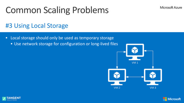 § Local storage should only be used as temporary storage
§ Use network storage for configuration or long-lived files
Common Scaling Problems
#3 Using Local Storage
