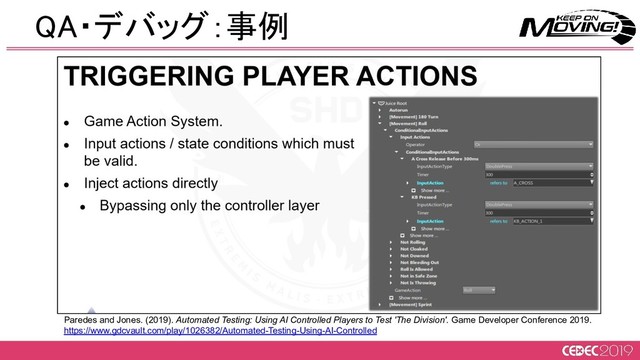 Paredes and Jones. (2019). Automated Testing: Using AI Controlled Players to Test 'The Division'. Game Developer Conference 2019.
https://www.gdcvault.com/play/1026382/Automated-Testing-Using-AI-Controlled
QA・デバッグ：事例 
