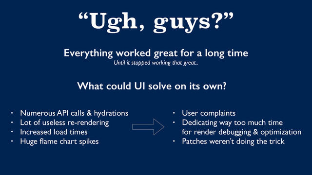 “Ugh, guys?”
Everything worked great for a long time
Until it stopped working that great..
• Numerous API calls & hydrations
• Lot of useless re-rendering
• Increased load times
• Huge ﬂame chart spikes
• User complaints
• Dedicating way too much time  
for render debugging & optimization
• Patches weren’t doing the trick
What could UI solve on its own?
