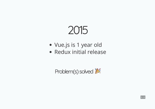 2015
2015
Vue.js is 1 year old
Redux initial release
Problem(s) solved
Problem(s) solved
3 . 6
