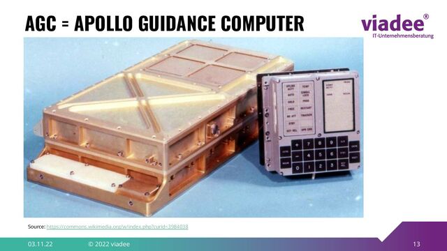 13
AGC = APOLLO GUIDANCE COMPUTER
03.11.22 © 2022 viadee
Source: https://commons.wikimedia.org/w/index.php?curid=3984038
