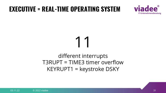 31
EXECUTIVE = REAL-TIME OPERATING SYSTEM
03.11.22 © 2022 viadee
11
different interrupts
T3RUPT = TIME3 timer overflow
KEYRUPT1 = keystroke DSKY
