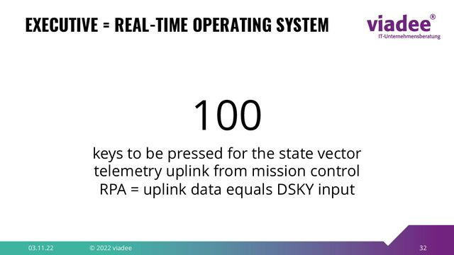 32
EXECUTIVE = REAL-TIME OPERATING SYSTEM
03.11.22 © 2022 viadee
100
keys to be pressed for the state vector
telemetry uplink from mission control
RPA = uplink data equals DSKY input
