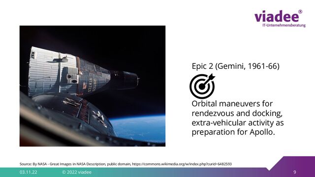 9
03.11.22 © 2022 viadee
Source: By NASA - Great Images in NASA Description, public domain, https://commons.wikimedia.org/w/index.php?curid=6482593
Epic 2 (Gemini, 1961-66)
Orbital maneuvers for
rendezvous and docking,
extra-vehicular activity as
preparation for Apollo.
