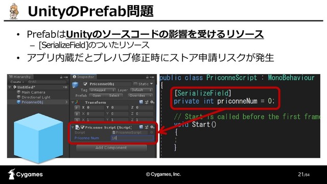 21/84
UnityのPrefab問題
• PrefabはUnityのソースコードの影響を受けるリソース
– [SerializeField]のついたリソース
• アプリ内蔵だとプレハブ修正時にストア申請リスクが発生
