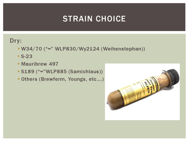 Dry:
 W34/70 (“=” WLP830/Wy2124 (Weihenstephan))
 S-23
 Mauribrew 497
 S189 (“=”WLP885 (Samichlaus))
 Others (Brewferm, Youngs, etc….)
STRAIN CHOICE
