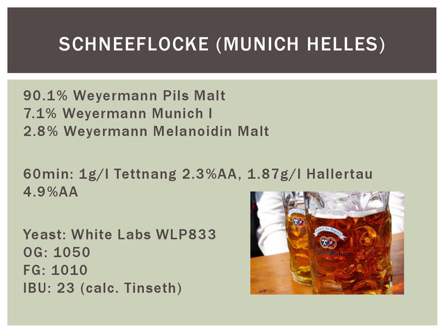 90.1% Weyermann Pils Malt
7.1% Weyermann Munich I
2.8% Weyermann Melanoidin Malt
60min: 1g/l Tettnang 2.3%AA, 1.87g/l Hallertau
4.9%AA
Yeast: White Labs WLP833
OG: 1050
FG: 1010
IBU: 23 (calc. Tinseth)
SCHNEEFLOCKE (MUNICH HELLES)
