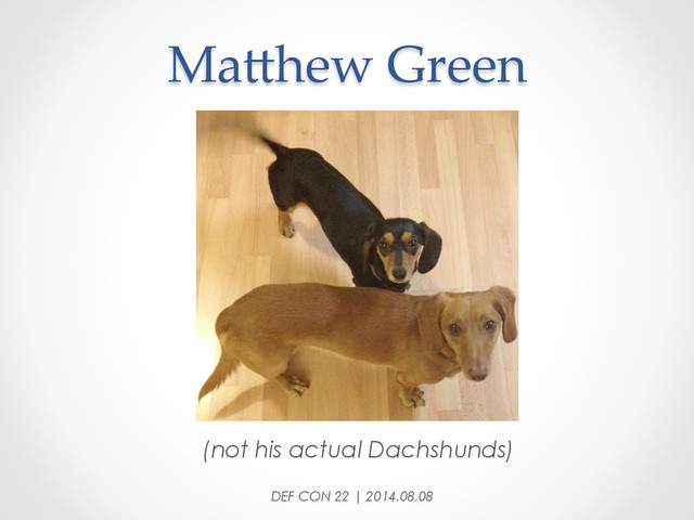 MaDhew  Green	
DEF CON 22 | 2014.08.08
(not his actual Dachshunds)
