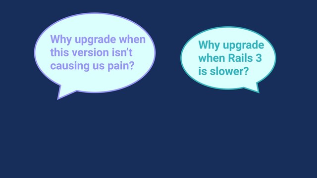 Why upgrade when
this version isn’t
causing us pain?
Why upgrade
when Rails 3
is slower?
