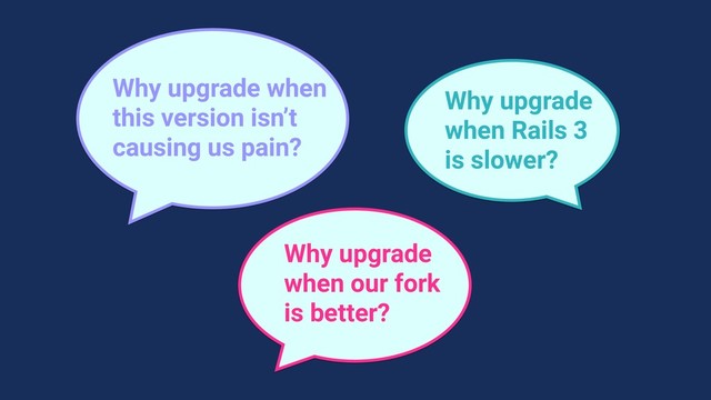 Why upgrade when
this version isn’t
causing us pain?
Why upgrade
when Rails 3
is slower?
Why upgrade
when our fork
is better?
