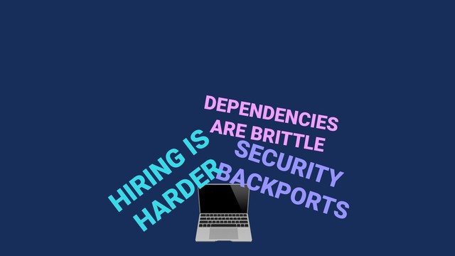 
DEPENDENCIES
ARE BRITTLE
SECURITY
BACKPORTS
HIRING
IS
HARDER
