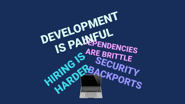 
DEPENDENCIES
ARE BRITTLE
SECURITY
BACKPORTS
HIRING
IS
HARDER
DEVELOPMENT
IS PAINFUL
