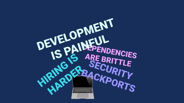 
DEPENDENCIES
ARE BRITTLE
SECURITY
BACKPORTS
HIRING
IS
HARDER
DEVELOPMENT
IS PAINFUL
