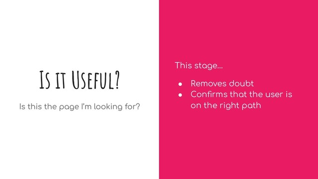 Is it Useful?
Is this the page I’m looking for?
This stage…
● Removes doubt
● Conﬁrms that the user is
on the right path
