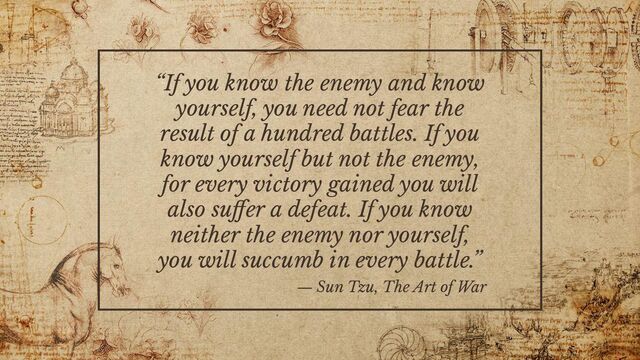 “If you know the enemy and know
yourself, you need not fear the
result of a hundred battles. If you
know yourself but not the enemy,
for every victory gained you will
also suﬀer a defeat. If you know
neither the enemy nor yourself,
you will succumb in every battle.”
― Sun Tzu, The Art of War
