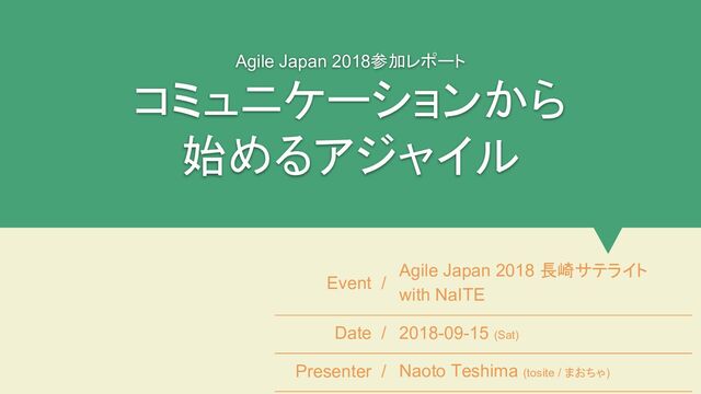 Agile Japan 2018参加レポート
コミュニケーションから
始めるアジャイル
Event /
Agile Japan 2018 長崎サテライト
with NaITE
Date / 2018-09-15 (Sat)
Presenter / Naoto Teshima (tosite / まおちゃ)
