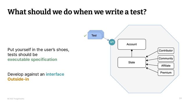 © 2022 Thoughtworks 24
What should we do when we write a test?
Put yourself in the user’s shoes,
tests should be
executable specification
Develop against an interface
Outside-in
