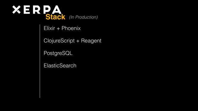 Elixir + Phoenix
ClojureScript + Reagent
PostgreSQL
ElasticSearch
(In Production)
Stack
