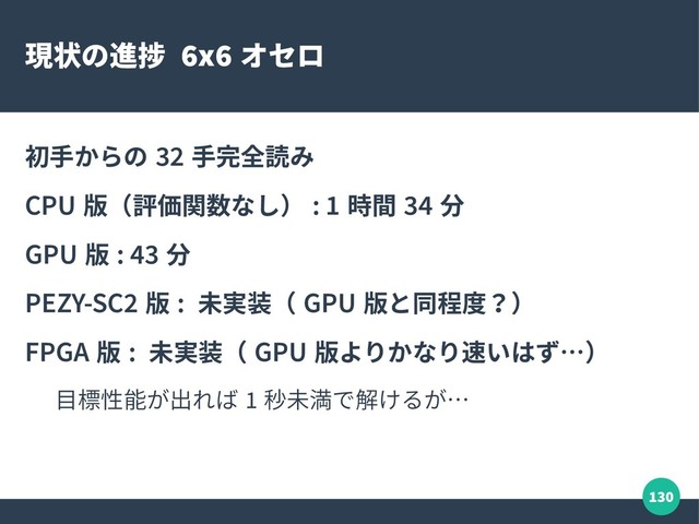130
現状の進捗 6x6 オセロ
初手からの 32 手完全読み
CPU 版（評価関数なし） : 1 時間 34 分
GPU 版 : 43 分
PEZY-SC2 版 : 未実装（ GPU 版と同程度？）
FPGA 版 : 未実装（ GPU 版よりかなり速いはず…）
目標性能が出れば 1 秒未満で解けるが…
