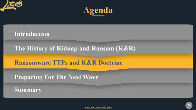 www.leocybersecurity.com
26
Agenda
Introduction
Summary
Ransomware TTPs and K&R Doctrine
The History of Kidnap and Ransom (K&R)
Preparing For The Next Wave

