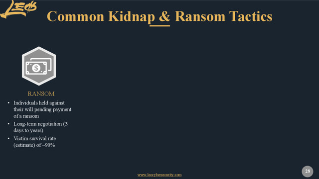 www.leocybersecurity.com
28
Common Kidnap & Ransom Tactics
RANSOM
• Individuals held against
their will pending payment
of a ransom
• Long-term negotiation (3
days to years)
• Victim survival rate
(estimate) of ~90%
