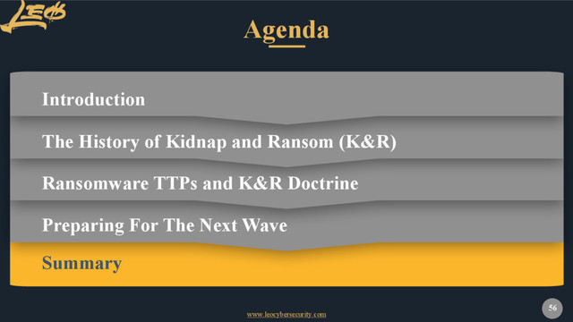 www.leocybersecurity.com
56
Agenda
Introduction
Summary
Ransomware TTPs and K&R Doctrine
The History of Kidnap and Ransom (K&R)
Preparing For The Next Wave
