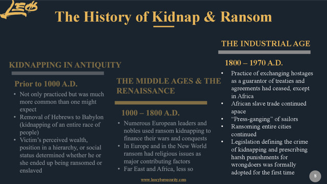 www.leocybersecurity.com
8
The History of Kidnap & Ransom
1800 – 1970 A.D.
THE INDUSTRIAL AGE
• Practice of exchanging hostages
as a guarantor of treaties and
agreements had ceased, except
in Africa
• African slave trade continued
apace
• “Press-ganging” of sailors
• Ransoming entire cities
continued
• Legislation defining the crime
of kidnapping and prescribing
harsh punishments for
wrongdoers was formally
adopted for the first time
