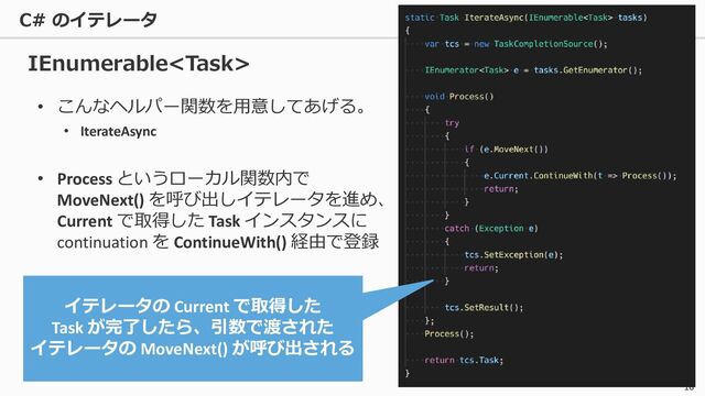 C# のイテレータ
16
• こんなヘルパー関数を用意してあげる。
• IterateAsync
• Process というローカル関数内で
MoveNext() を呼び出しイテレータを進め、
Current で取得した Task インスタンスに
continuation を ContinueWith() 経由で登録
IEnumerable
イテレータの Current で取得した
Task が完了したら、引数で渡された
イテレータの MoveNext() が呼び出される
