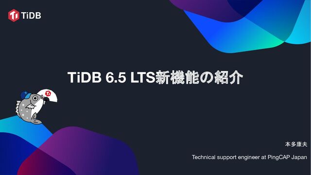 TiDB 6.5 LTS新機能の紹介 
本多康夫
Technical support engineer at PingCAP Japan
