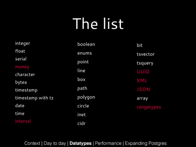 The list
integer
float
serial
money
character
bytea
timestamp
timestamp with tz
date
time
interval
Context | Day to day | Datatypes | Performance | Expanding Postgres
boolean
enums
point
line
box
path
polygon
circle
inet
cidr
bit
tsvector
tsquery
UUID
XML
JSON
array
rangetypes
