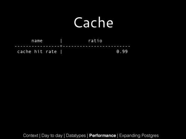 Cache
name | ratio
----------------+------------------------
cache hit rate | 0.99
Context | Day to day | Datatypes | Performance | Expanding Postgres
