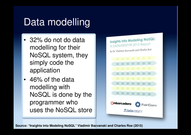 Data modelling
•  32% do not do data
modelling for their
NoSQL system, they
simply code the
application
•  46% of the data
modelling with
NoSQL is done by the
programmer who
uses the NoSQL store
Source: “Insights into Modeling NoSQL” Vladimir Bacvanski and Charles Roe (2015)
