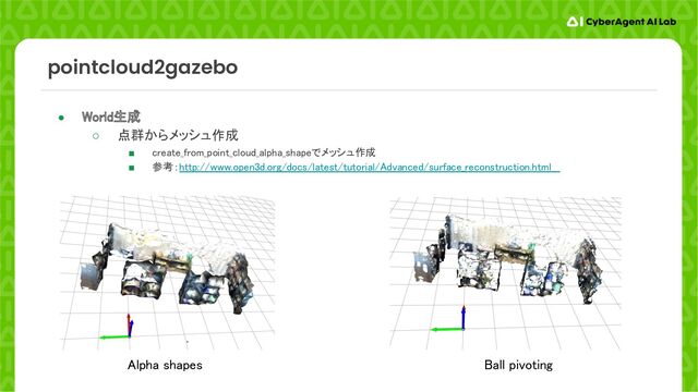 pointcloud2gazebo
● World生成 
○ 点群からメッシュ作成  
■ create_from_point_cloud_alpha_shapeでメッシュ作成  
■ 参考：http://www.open3d.org/docs/latest/tutorial/Advanced/surface_reconstruction.html  
Alpha shapes  Ball pivoting 
