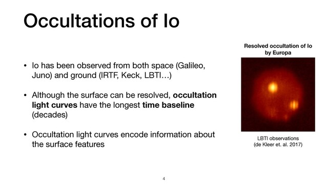 Occultations of Io
• Io has been observed from both space (Galileo,
Juno) and ground (IRTF, Keck, LBTI…)
• Although the surface can be resolved, occultation
light curves have the longest time baseline
(decades)
• Occultation light curves encode information about
the surface features
LBTI observations 

(de Kleer et. al. 2017)
Resolved occultation of Io
by Europa
4

