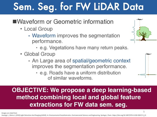 Sem. Seg. for FW LiDAR Data
nWaveform or Geometric information
• Local Group
⁃ Waveform improves the segmentation
performance.
‣ e.g. Vegetations have many return peaks.
• Global Group
⁃ An Large area of spatial/geometric context
improves the segmentation performance.
‣ e.g. Roads have a uniform distribution
of similar waveforms.
OBJECTIVE: We propose a deep learning-based
method combining local and global feature
extractions for FW data sem. seg.
5
Images are cited from
Awange J., Kiema J. (2019) Light Detection And Ranging (LiDAR). In: Environmental Geoinformatics. Environmental Science and Engineering. Springer, Cham. https://doi.org/10.1007/978-3-030-03017-9_21
