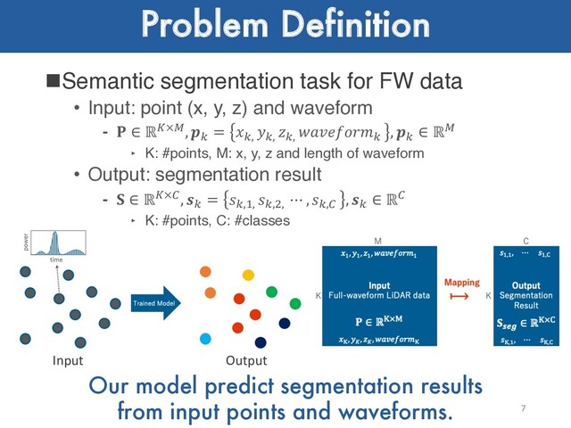 Problem Definition
nSemantic segmentation task for FW data
• Input: point (x, y, z) and waveform
⁃  ∈ ℝ!×#, $ = $, $, $, $ , $ ∈ ℝ#
‣ K: #points, M: x, y, z and length of waveform
• Output: segmentation result
⁃  ∈ ℝ!×&, $ = $,', $,(, ⋯ , $,& , $ ∈ ℝ&
‣ K: #points, C: #classes
7
Our model predict segmentation results
from input points and waveforms.
Input Output
